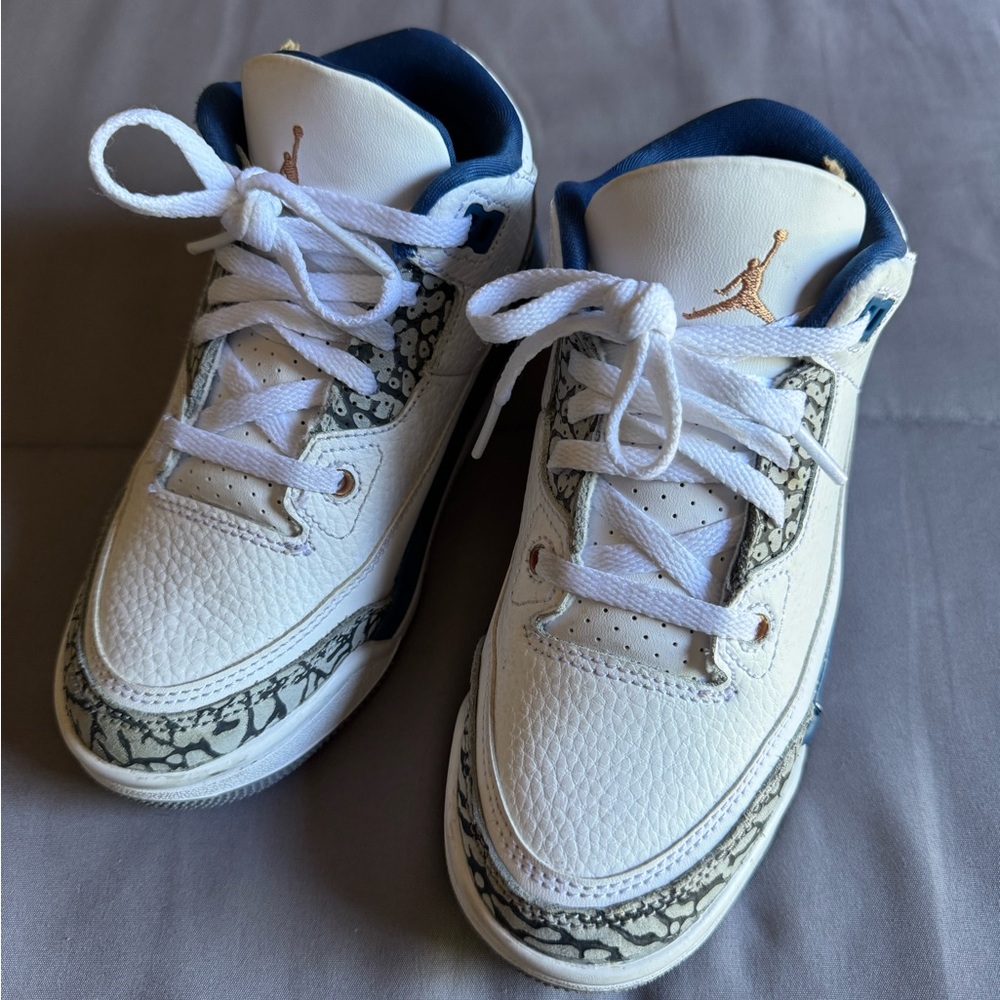Jordan 3 Retro (PS) White/Blue/Metallic Copper kids shoes size 12c